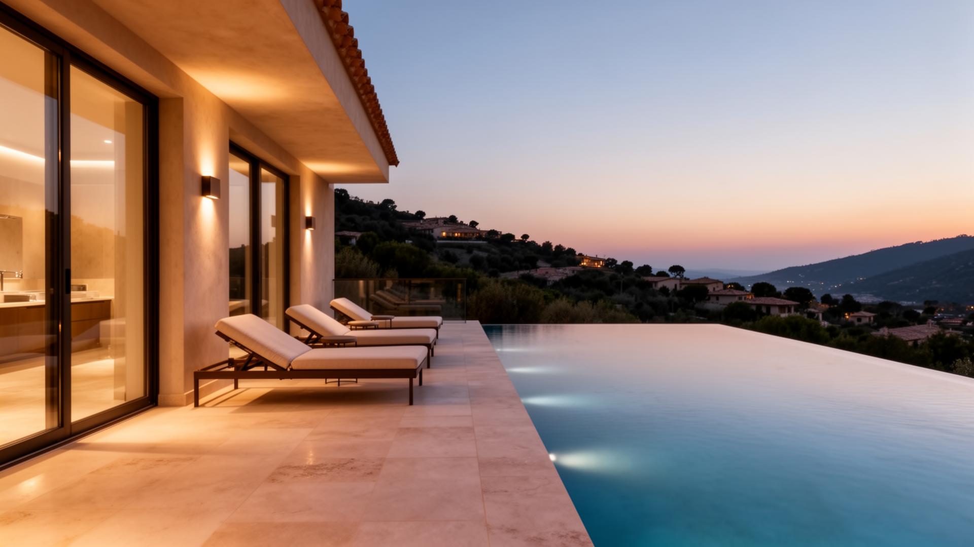 Luxe villa terras bij zonsondergang